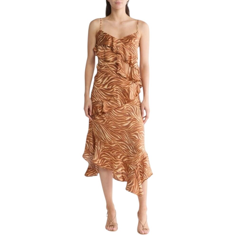 New Steven Madden L Brown Brown Ruffle Animal Print Slip Christina Midi Dress